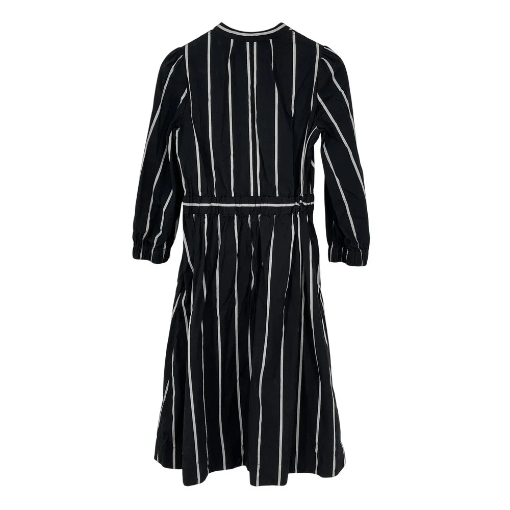 J.Crew Black White Stripe‎ Midi Dress XS Cinched Waist Cotton Poplin